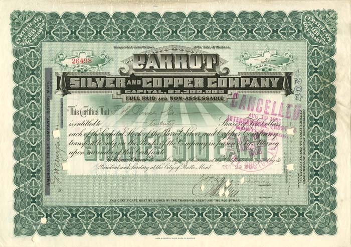 Parrot Silver and Copper Co. - Parrot with Ingot Vignette - Montana Mining Stock Certificate
